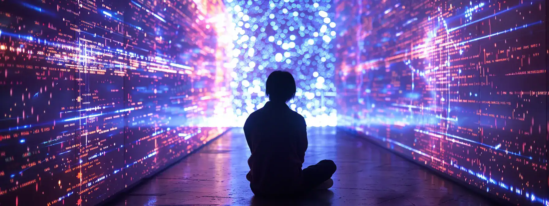 a person deep in thought, surrounded by glowing screens displaying intricate lines of code and vibrant digital graphics, symbolizing the challenges and opportunities of using ai writing software.