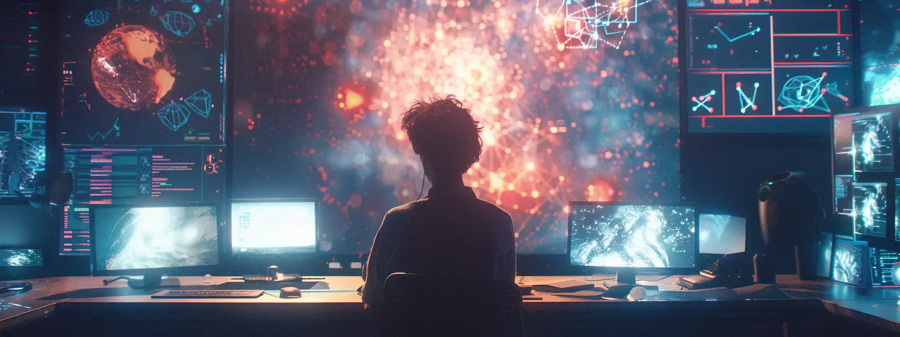 a person collaboratively creating content with a futuristic ai writing tool, surrounded by innovative technology and digital screens displaying dynamic information.