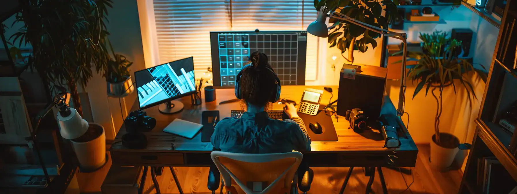 a person sitting at a sleek desk, engaging with a futuristic ai writing software on a computer screen, surrounded by creative tools and gadgets.