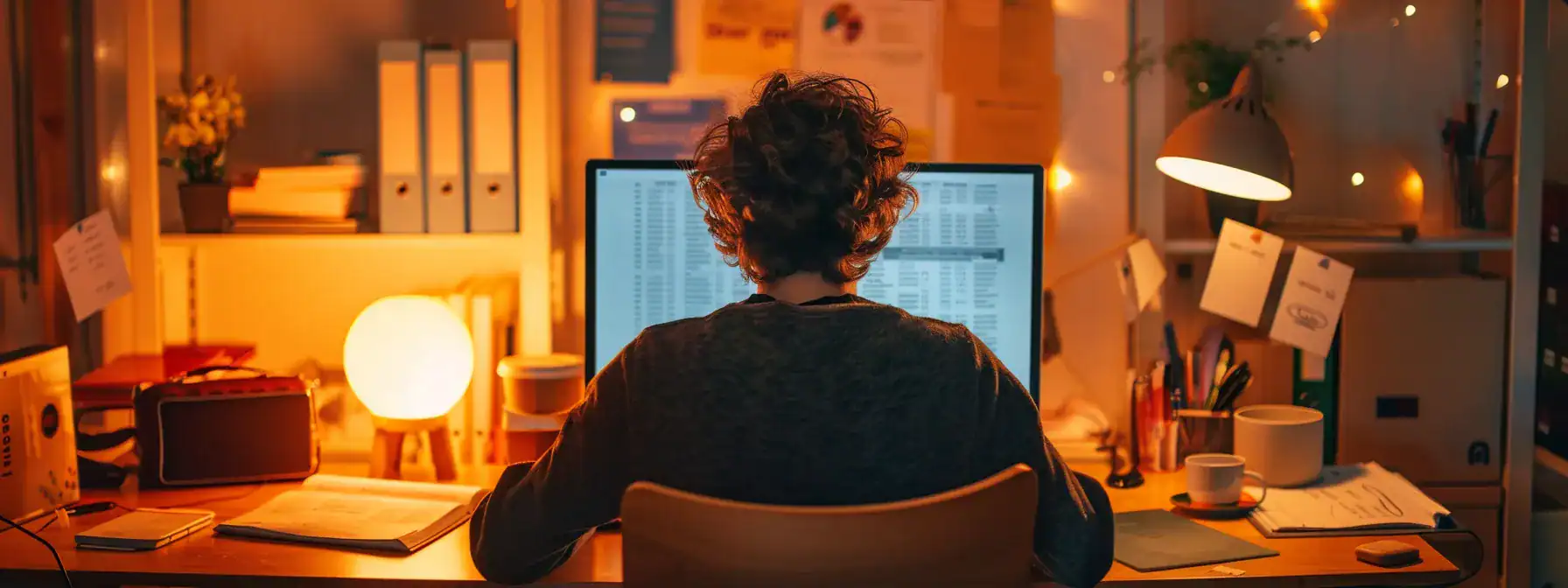 6e96c0f8-ce6b-477d-9323-32dab2e1c1ea.webp - Simply Be Found a person sitting at a computer, surrounded by books and notes, focused and engaged in online learning for marketing strategy.