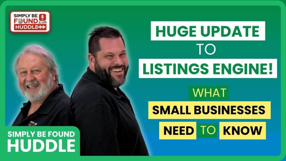 Alt text: Two smiling men with a vibrant background announcing a major update to the listings engine for small businesses.