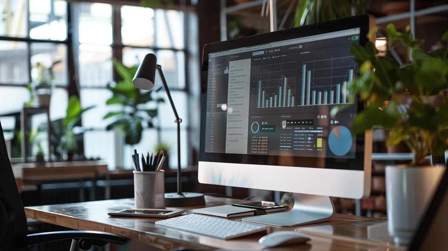 a modern office space showcases a sleek computer screen displaying vibrant analytics and seo graphs, symbolizing the transformative benefits of the found seo tool for businesses.