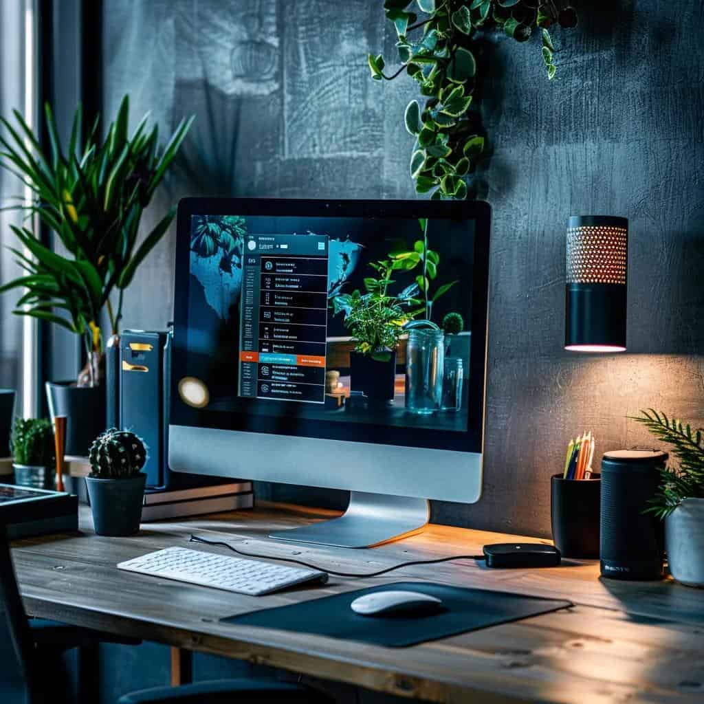 a sleek, modern office workspace features a computer screen displaying the amazon alexa interface, surrounded by tools and materials for a digital marketing presentation, embodying the theme of integrating business with technology.