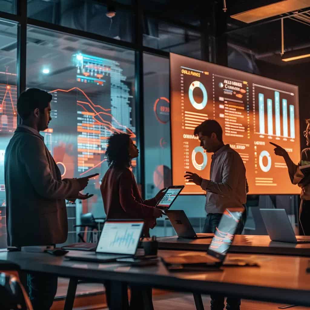 a dynamic office setting showcases a diverse group of small business owners engaged in an interactive workshop, analyzing local seo strategies on laptops while vibrant infographics and chart projections illuminate the walls, emphasizing the urgency and potential of effective keyword targeting for 2025.