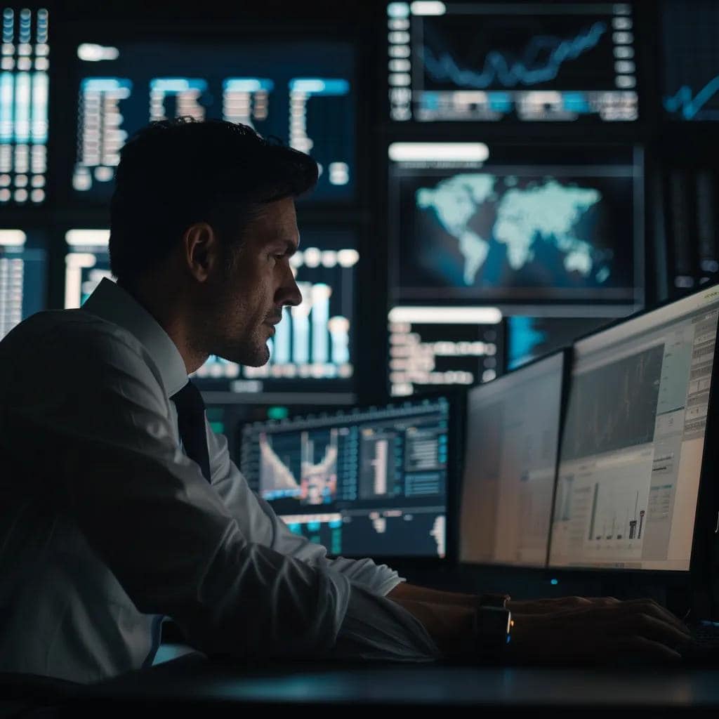 a dynamic office setting showcases a focused professional engaging with a sleek computer interface displaying advanced seo analytics, illuminated by vibrant screens, symbolizing the mastery of google ai mode to enhance business visibility.