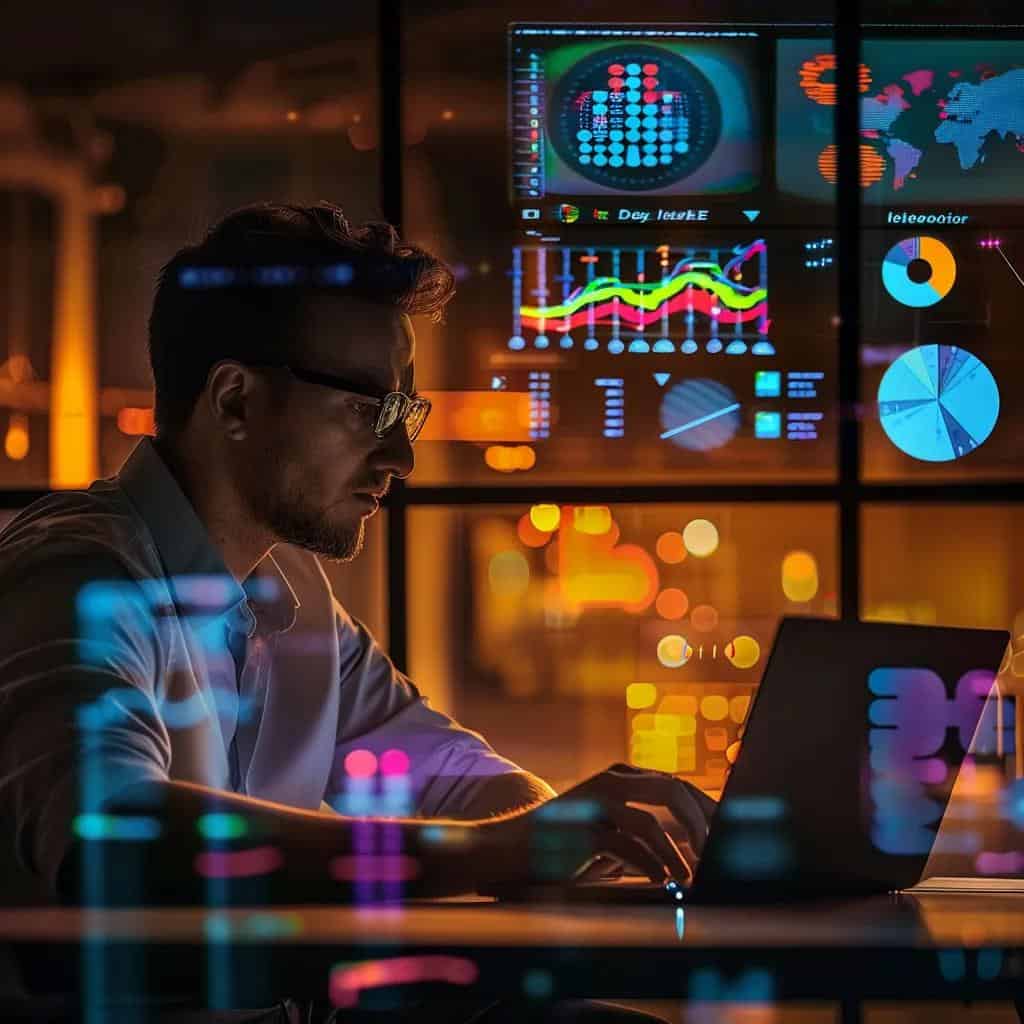 a focused office scene features a small business owner intensely reviewing voice search keywords on a laptop, surrounded by colorful charts and data projections on the wall, emphasizing the critical role of voice search optimization in driving local traffic and sales.