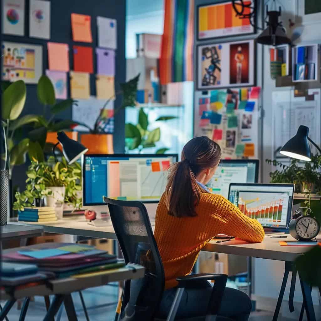 a vibrant and organized workspace filled with colorful marketing materials and digital devices, showcasing a focused small business owner strategizing their marketing plan amidst a modern office backdrop.