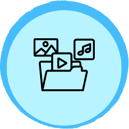 Folder icon with social media, video, music, image, and document symbols representing digital content organization and online visibility.