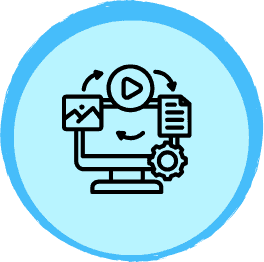 Illustration of digital marketing strategy with icons of a computer monitor, play button, arrows, and gear representing SEO, content creation, and online visibility.