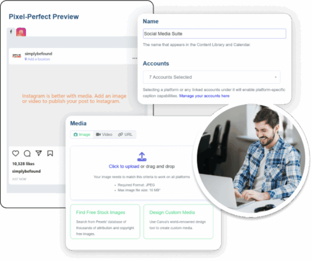 Pixel-perfect preview of social media management interface for Simply Be Found, highlighting platform integration and media upload features for SEO and online visibility enhancement.