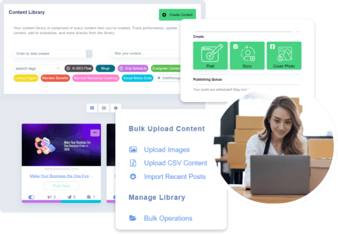 SEO-friendly ALT text: User dashboard interface for Simply Be Found content management and social media scheduling platform.
