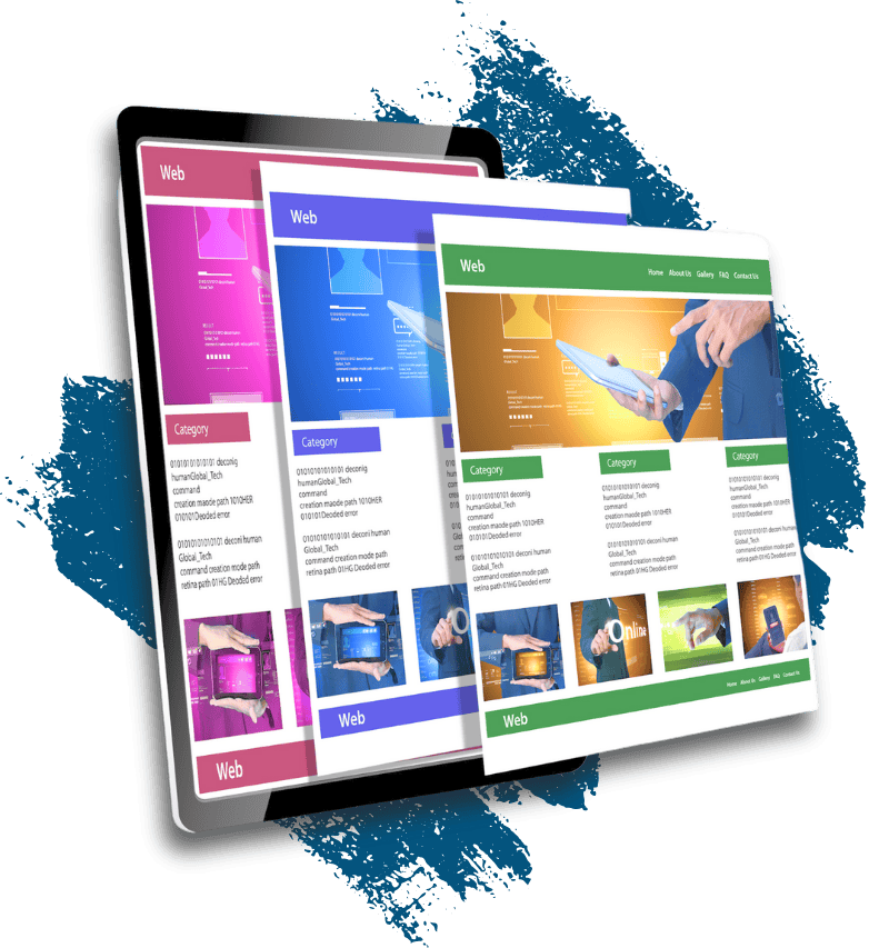 Bright colorful tablet screens showing website designs for digital marketing and SEO services, emphasizing web development, online branding, and digital presence.