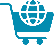 Modern e-commerce shopping cart icon with globe, illustrating online store and global reach for digital retail solutions.