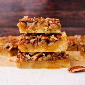 Cut pecan pie bars with shortbread crust.