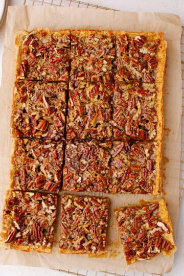 Cut pecan pie bars with shortbread crust.