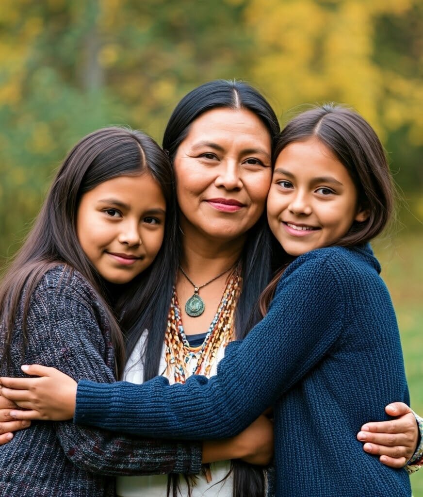 Mother and daughters embracing outdoors, celebrating family and faith with Singing Feather Ministries.