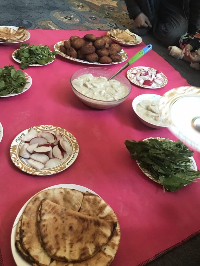 Delicious Middle Eastern cuisine including flatbread, vegetables, and dips for community gathering.