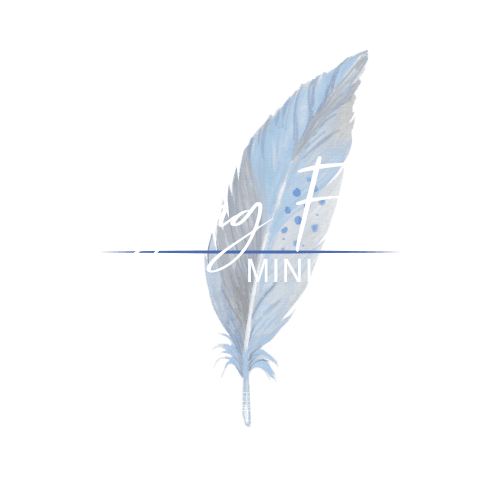 Transparent logo of Singing Feather Ministries with blue feather and water ripple.