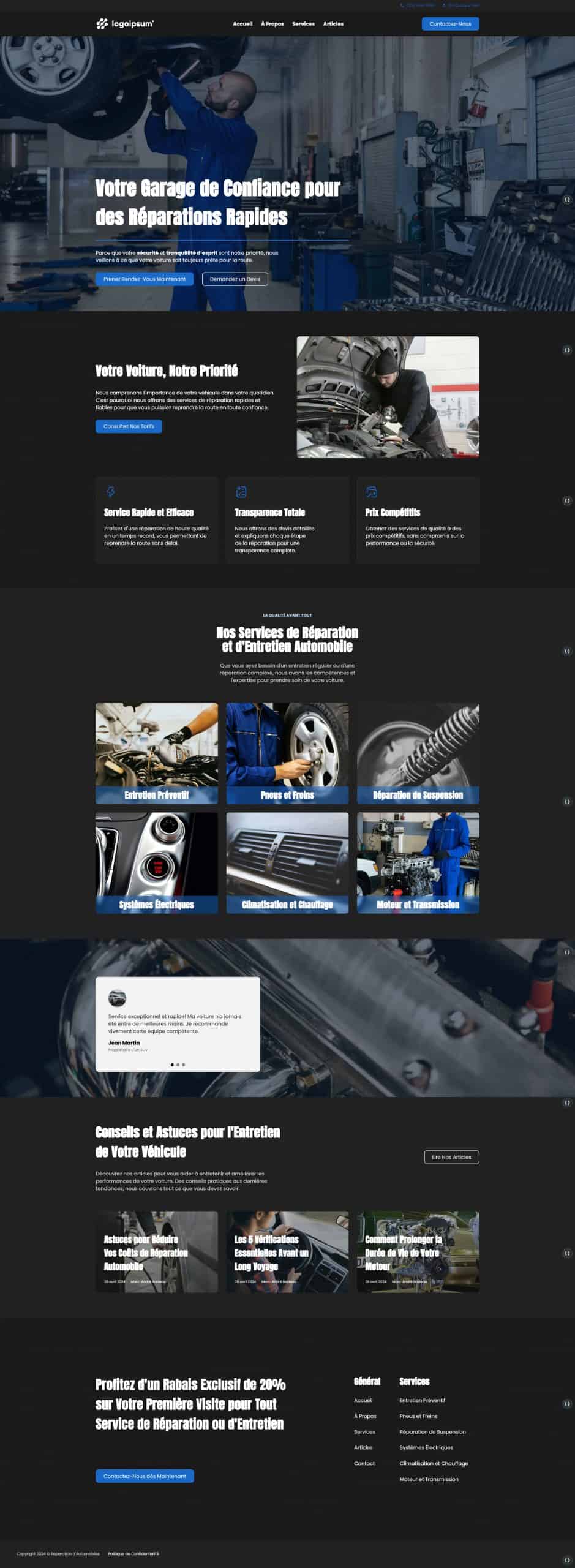Exemple d'un site web de garage automobile avec équipement de diagnostic avancés pour réparations rapides.