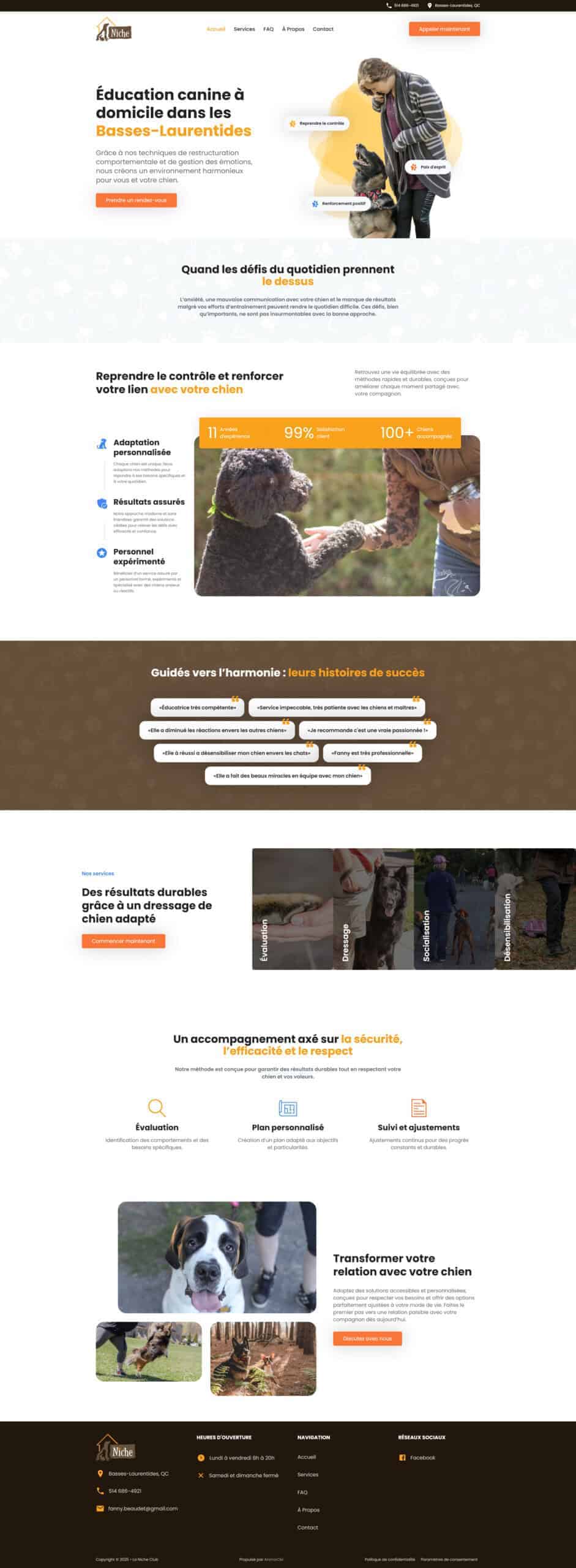 Site web d'une entreprise d'éducation à domicile pour chiens dans la région des Laurentides.