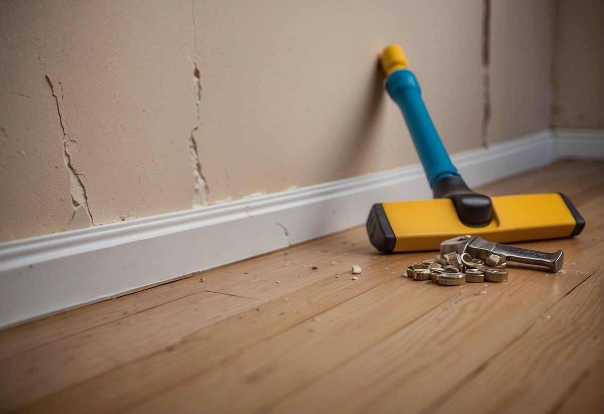 Three damaged skirting boards, measuring tape, and a hammer and nails on the floor. A cracked wall behind the skirting boards