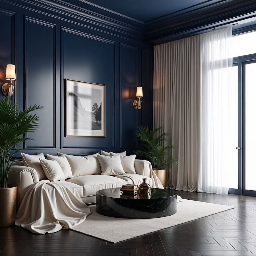 living room with deep blue wall panels