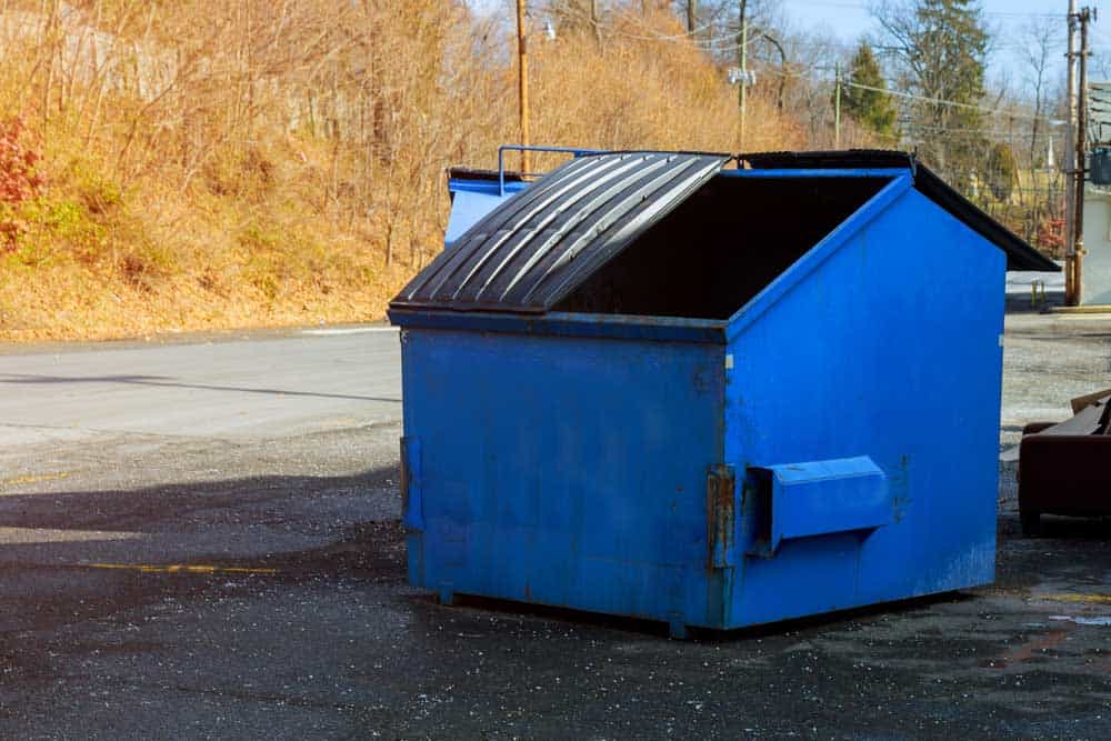 Recycling bin for waste disposal, outdoor blue container with black lid.