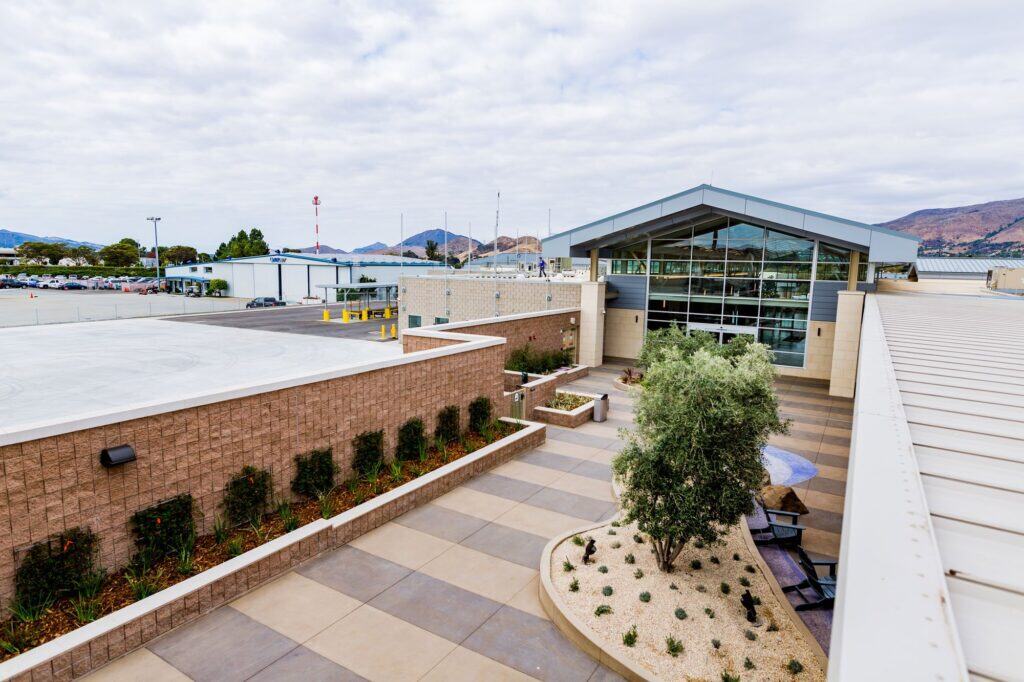 View from the roof looking down on an empty courtyard that connects the SBP terminal building