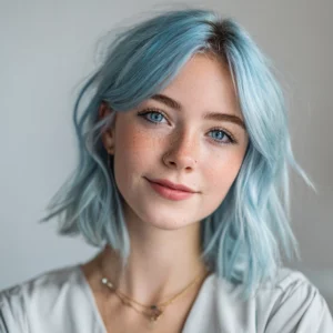 miling woman with soft pastel blue hair coloured using Smart Beauty Pastel Blue Hair Dye with Plex Care – vegan, cruelty-free semi-permanent hair colour made in the UK for a luminous, salon-quality finish