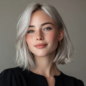 Smiling woman with soft pastel silver hair coloured using Smart Beauty Pastel Silver Hair Dye with Plex Care – vegan, cruelty-free semi-permanent hair colour made in the UK for a luminous, salon-quality shine.