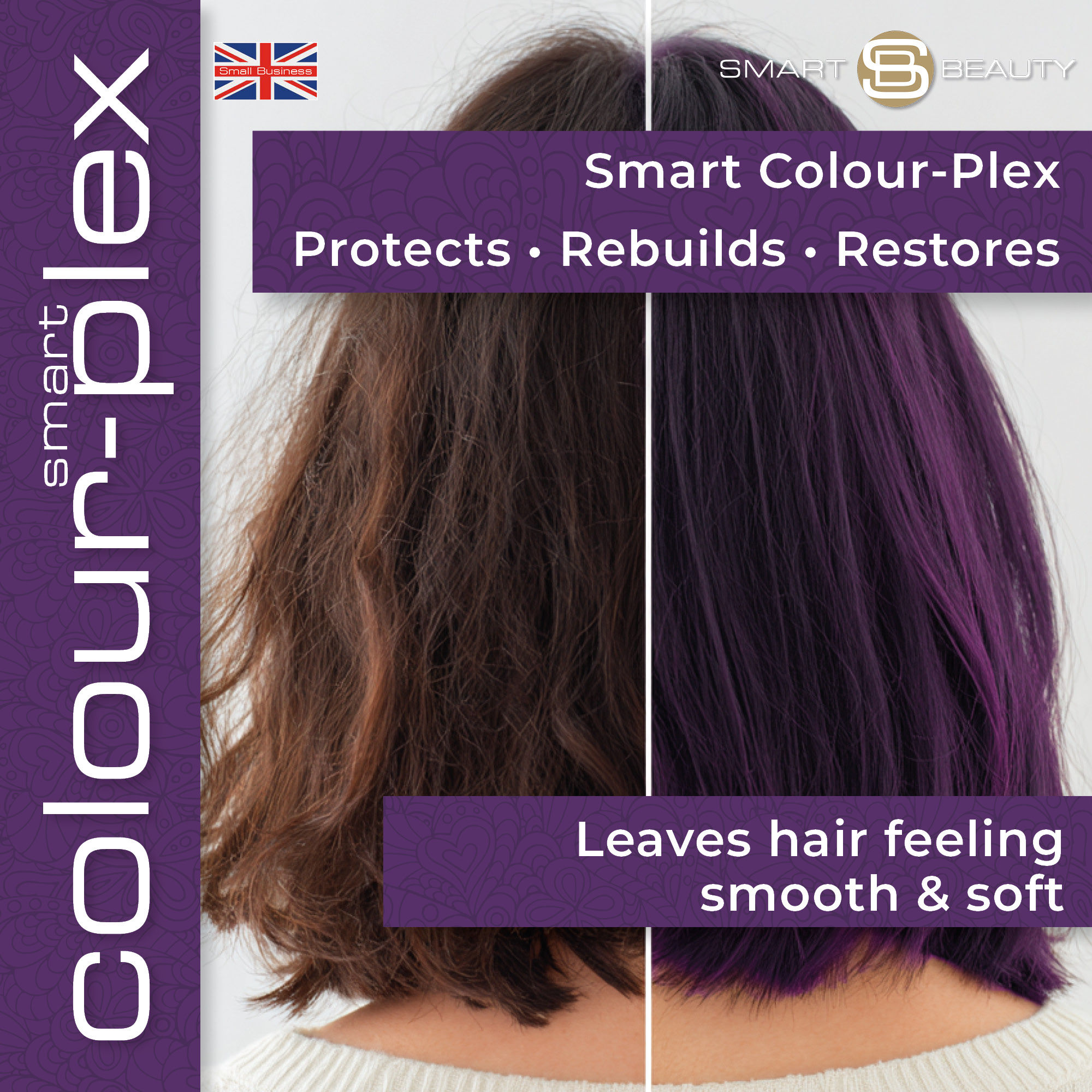 Model with glossy amethyst purple hair coloured using Smart Beauty Colour Plex Amethyst Hair Dye – Plex protects, rebuilds, and restores for