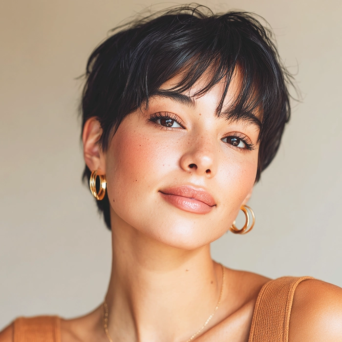 Smiling woman with glossy pure black hair coloured using Smart Beauty Pure Black Hair Dye with Plex Care – vegan, cruelty-free permanent hair colour made in the UK for rich, salon-quality shine.