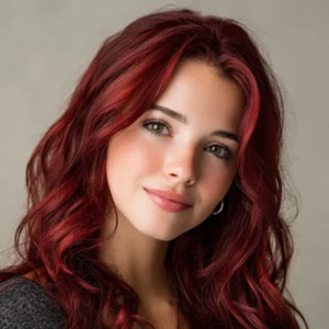Smiling woman with deep rich red hair coloured using Smart Beauty Rich Red Hair Dye with Plex Care – vegan, cruelty-free permanent hair colour made in the UK for vibrant, salon-quality results.
