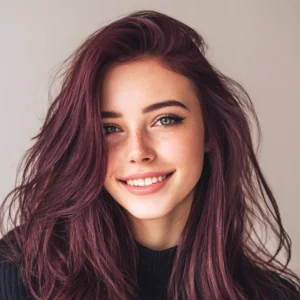 Smiling woman with rich plum purple hair coloured using Smart Beauty Plum Hair Dye with Plex Care – vegan, cruelty-free permanent hair colour made in the UK for glossy, salon-quality results.
