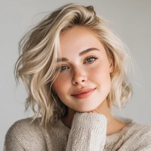 Smiling woman with soft creamy blonde hair coloured using Smart Beauty Creamy Blonde Hair Dye with Plex Care – vegan, cruelty-free permanent hair colour made in the UK for a silky, salon-quality finish.