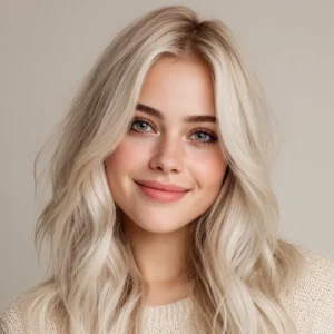 Smiling woman with soft ash blonde hair coloured using Smart Beauty Permanent Ash Blonde Hair Dye with Plex Care – vegan, cruelty-free hair colour made in the UK for a natural, luminous finish.