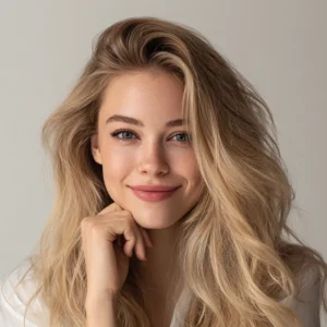 Smiling woman with radiant summer blonde hair coloured using Smart Beauty Summer Blonde Hair Dye with Plex Care – vegan, cruelty-free permanent hair colour made in the UK for a sun-kissed, salon-quality look