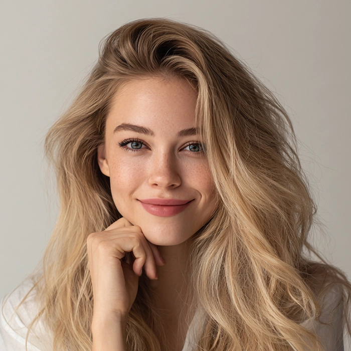 Smiling woman with radiant summer blonde hair coloured using Smart Beauty Summer Blonde Hair Dye with Plex Care – vegan, cruelty-free permanent hair colour made in the UK for a sun-kissed, salon-quality look