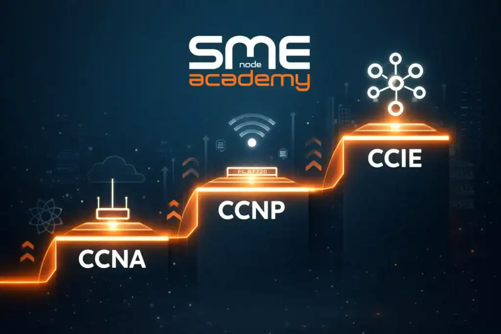 Certification pathway from CCNA to CCIE in networking.