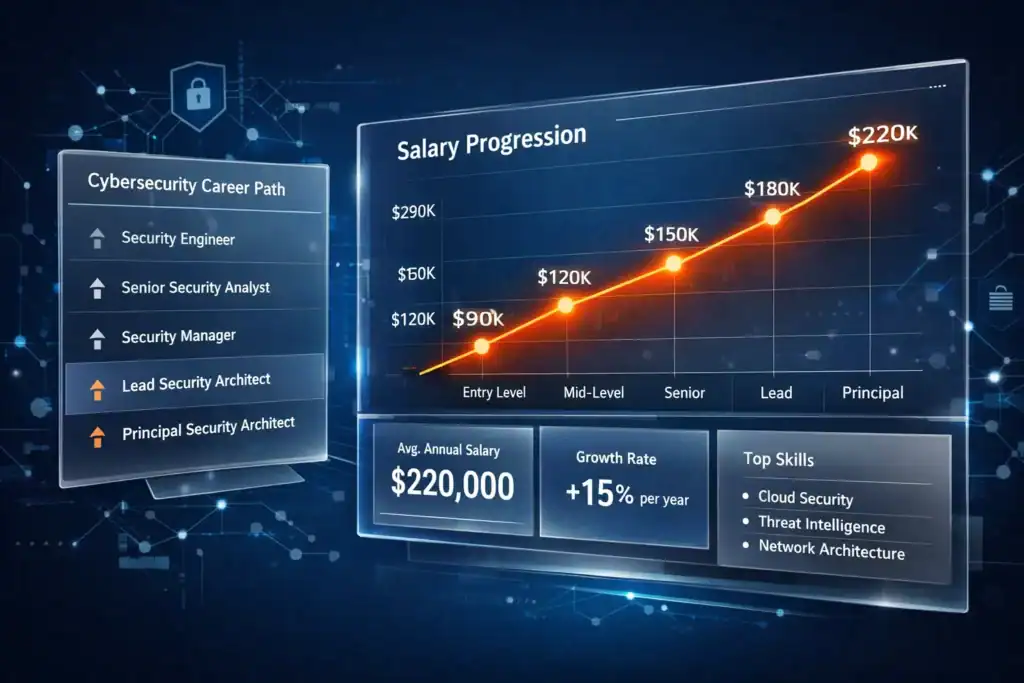 Cybersecurity salary growth for CCIE Security professionals with top skills listed.