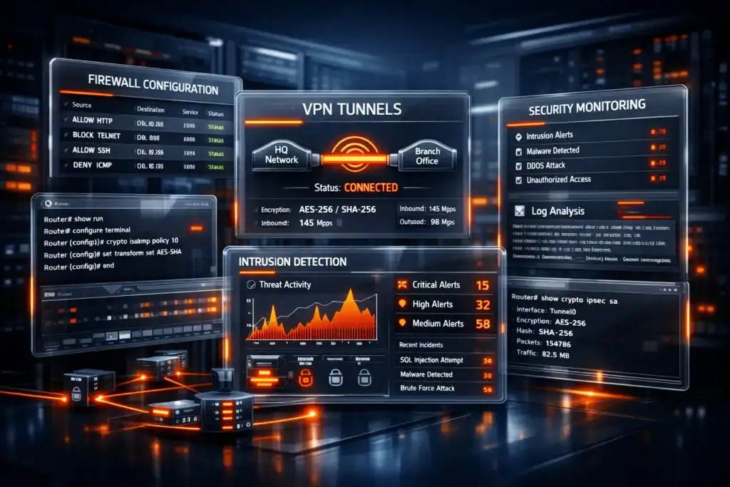 Advanced firewall security dashboard with VPN, intrusion detection, and threat alerts.
