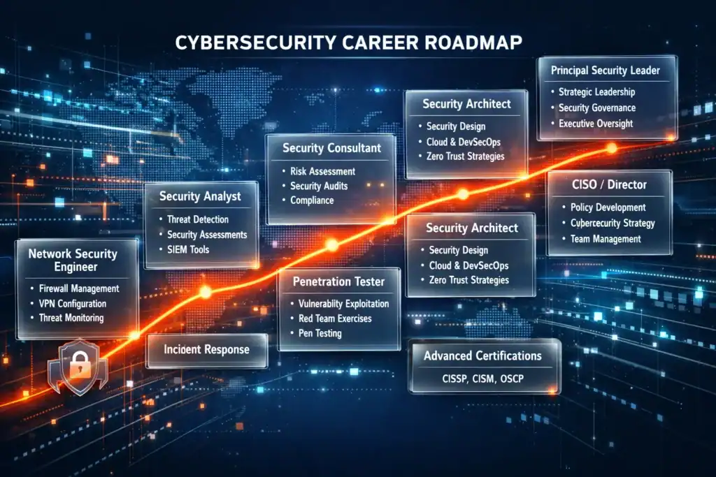 Cybersecurity career roadmap highlighting roles from analyst to security architect and executive lev.