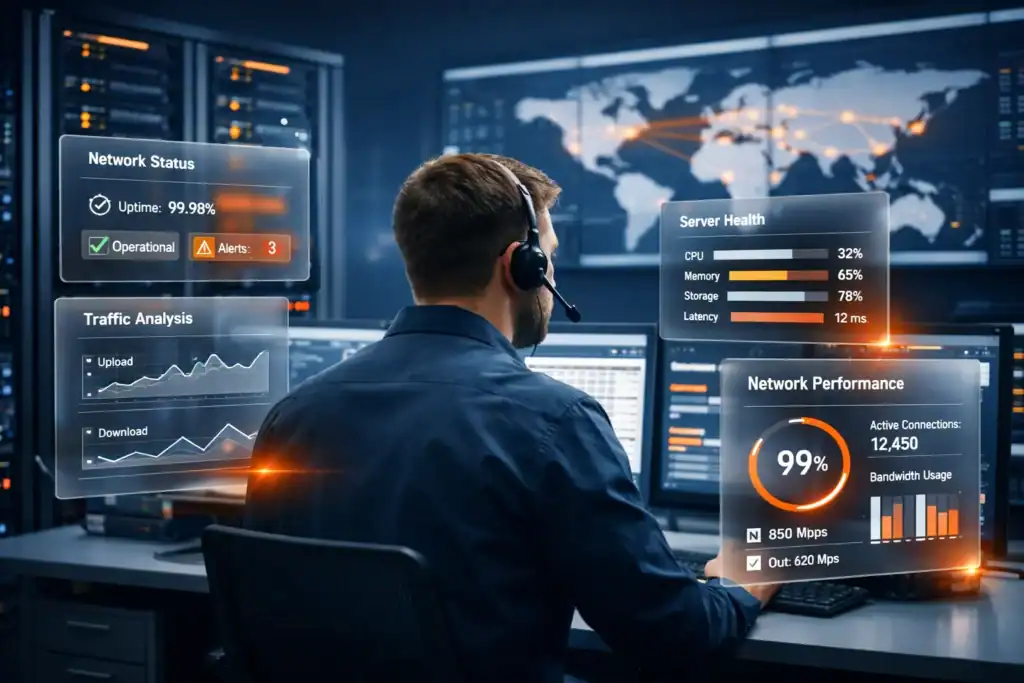 IT professional monitoring network and server health on multiple screens.