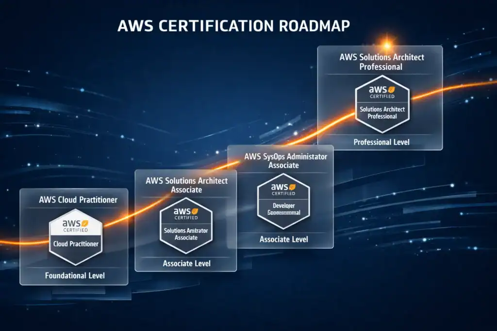 AWS certification pathway infographic for 2026, showing levels from foundational to professional.
