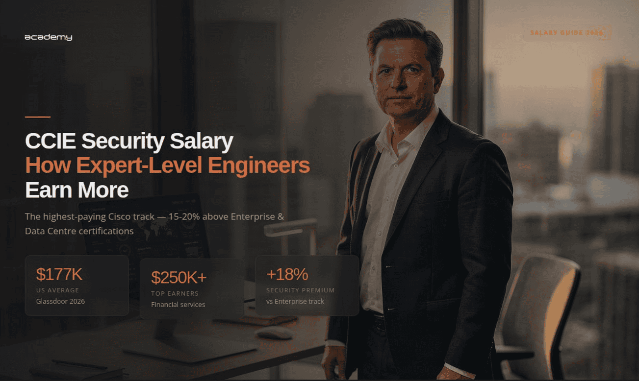 Expert security engineer in office with city view, discussing CCIE security salary insights.