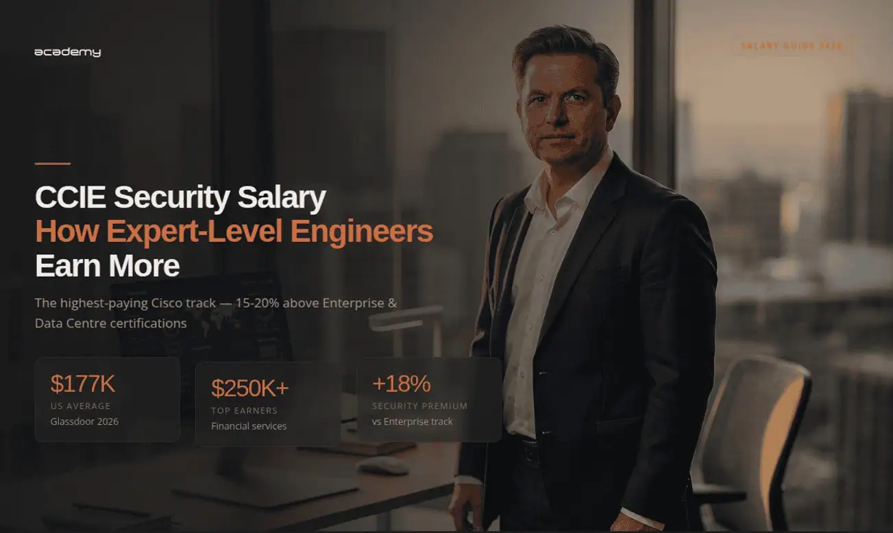 Expert security engineer in office with city view, discussing CCIE security salary insights.