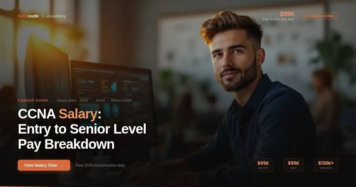 Young professional working on CCNA salary data at a computer desk.