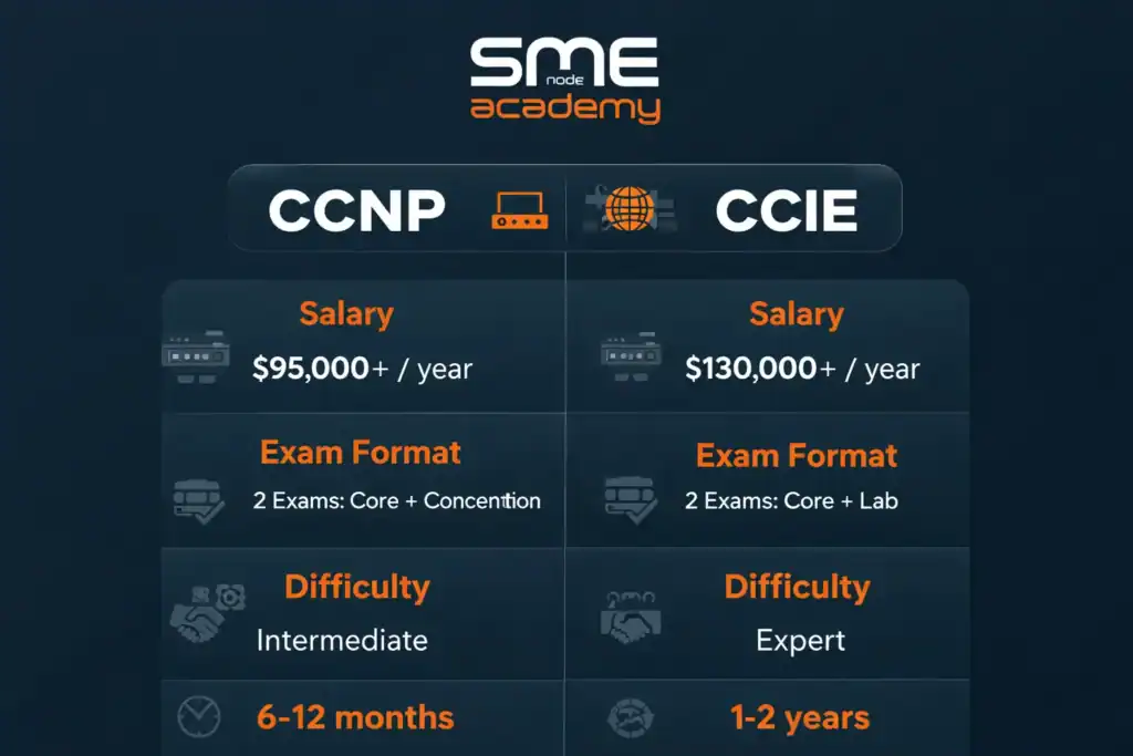Comparison of CCNP and CCIE certifications for networking professionals.