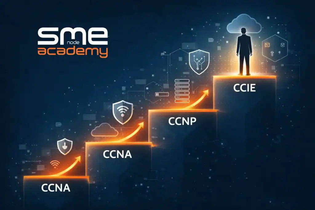 Pathway from CCNA to CCIE certification in networking.
