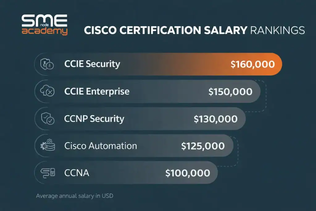 Cisco certifications salary rankings infographic for 2026, highlighting top earning credentials.